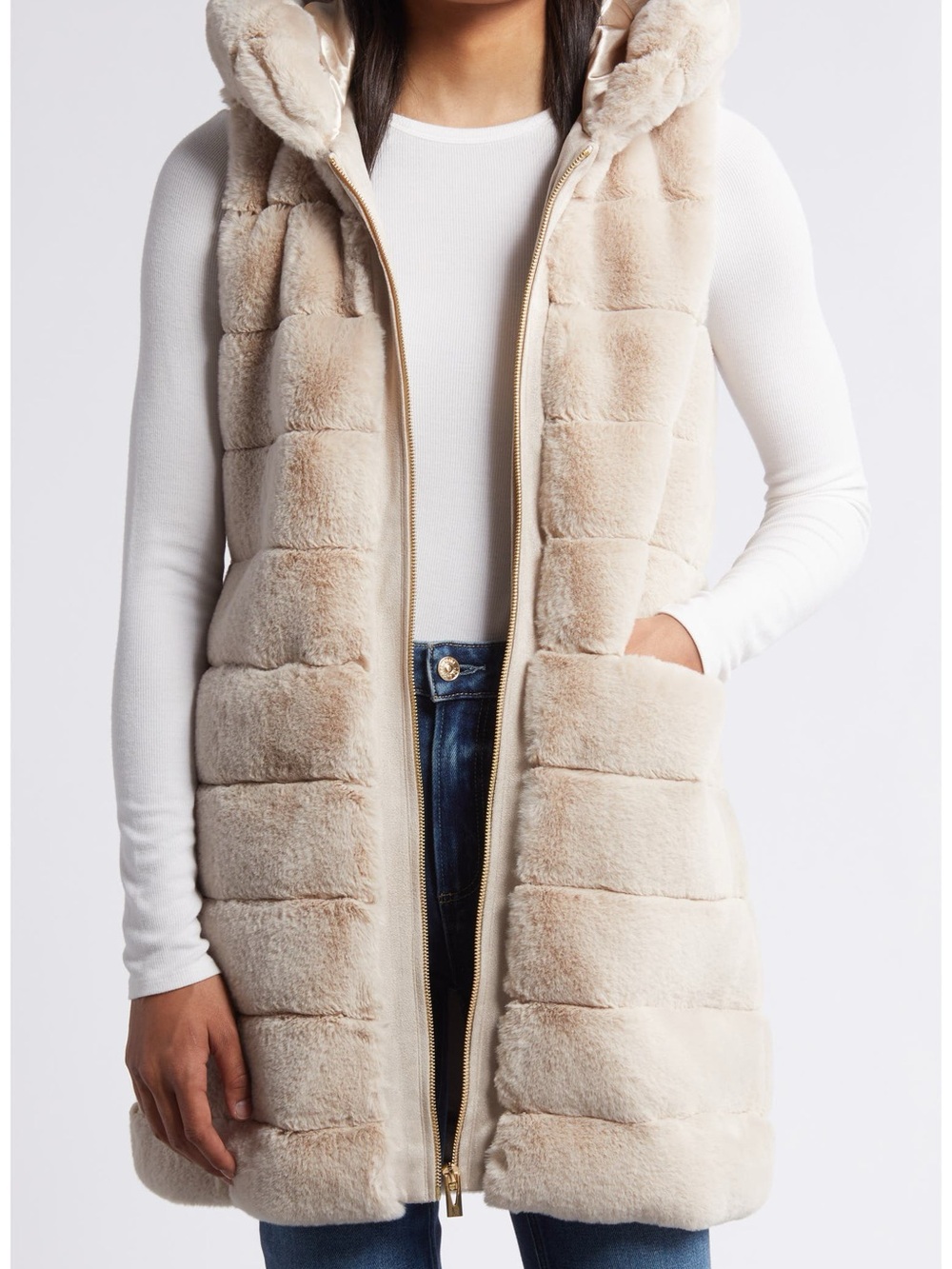 Via Spiga Faux Fur Hooded Long Vest Beige Size L NWOT